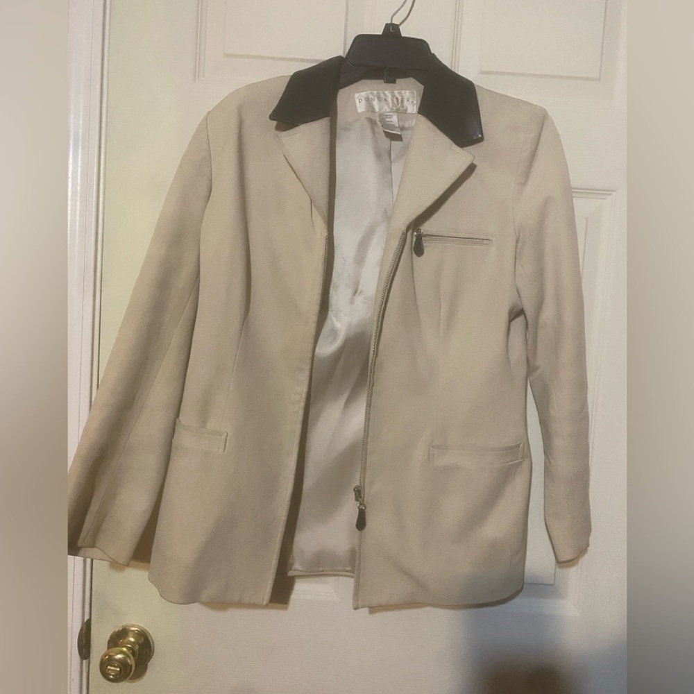 Beige Blazer with Black Leather Collar